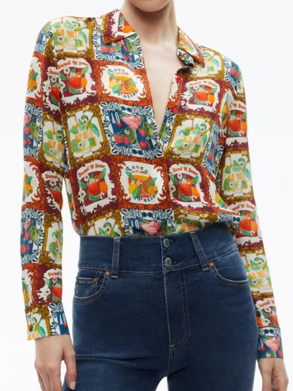 Alice + Olivia Willa Summer Day Shirt Blouse Fruit Drinks Cocktails Tea M